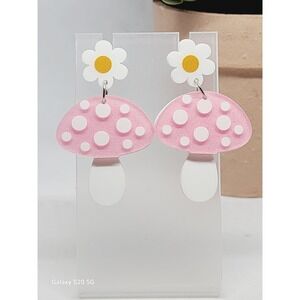 Pink Glitter Mushroom Daisy Drop Earrings White Polka Dot Toadstool Cottagecore
